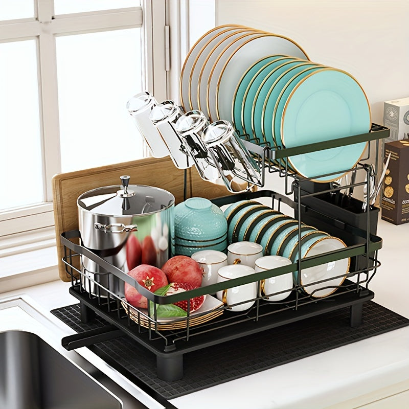 Dish Drying Rack, 2 Tier Dish Racks For Kitchen Counter, Large Dish Drying Rack With Drainboard & Utensil Holders, Rust-Proof Dish Drainers, Kitchen Organization