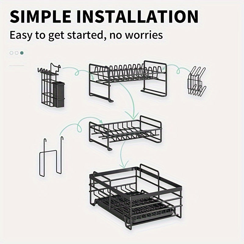 [Multifunctional Tableware Rack] 1pc Multifunctional Rust Proof Tableware Drying Rack | Kitchen Organizer & Storage with Leak Proof Nozzles, Cup Holder, Large Countertop Drain Rack - Black