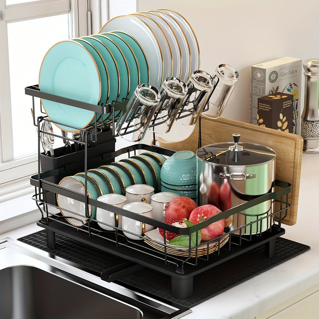 Dish Drying Rack, 2 Tier Dish Racks For Kitchen Counter, Large Dish Drying Rack With Drainboard & Utensil Holders, Rust-Proof Dish Drainers, Kitchen Organization