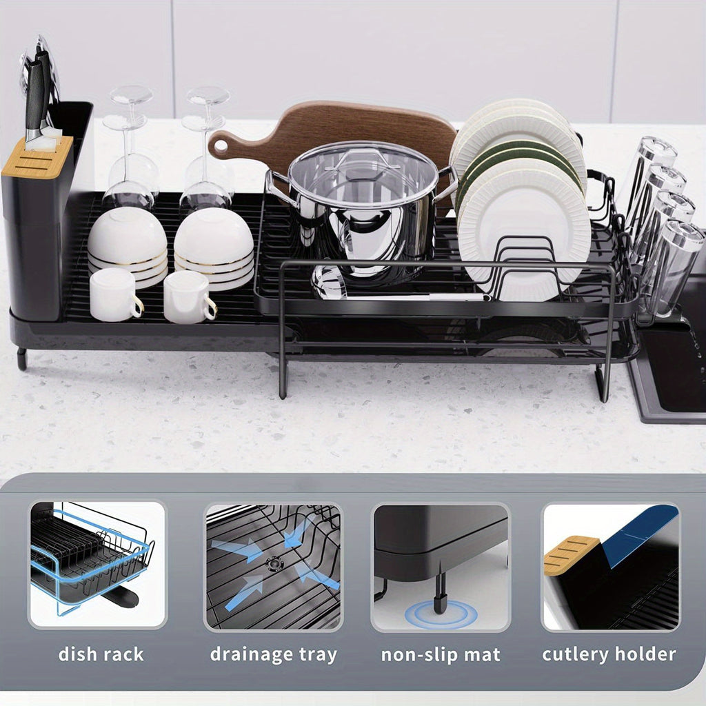 Large Dish Drying Rack With Drainboard Set, Dish Rack Extendable Dish Rack, Utensil Holder, Cup Holder, Expandable Dish Drainer For Kitchen Counter