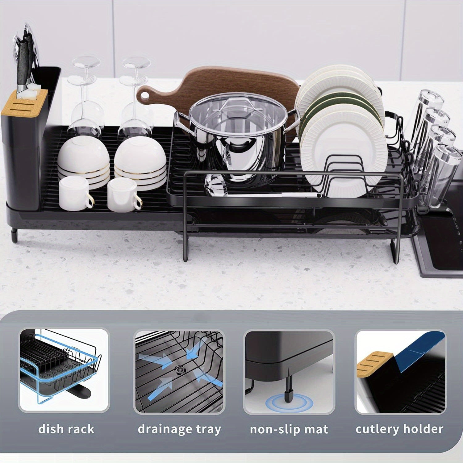 Large Dish Drying Rack With Drainboard Set, Dish Rack Extendable Dish Rack, Utensil Holder, Cup Holder, Expandable Dish Drainer For Kitchen Counter