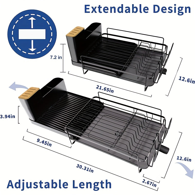 Large Dish Drying Rack With Drainboard Set, Dish Rack Extendable Dish Rack, Utensil Holder, Cup Holder, Expandable Dish Drainer For Kitchen Counter