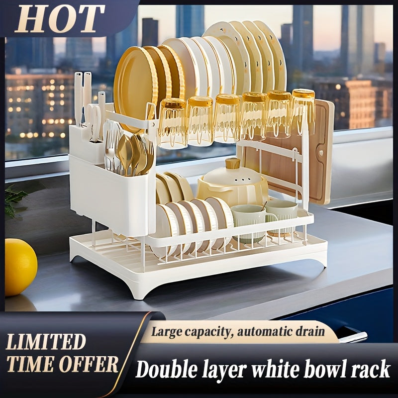 Heavy-Duty Stainless Steel Dish Drying Rack - Space-Saving Two-Tier Countertop Organizer with 360° Drainage System, Plate, Bowl, Cup & Utensil Holders - Compact Sink Rack for Modern Kitchen - Easy to Clean, Dish Drying Rack for Kitchen Counter, Clean Dish
