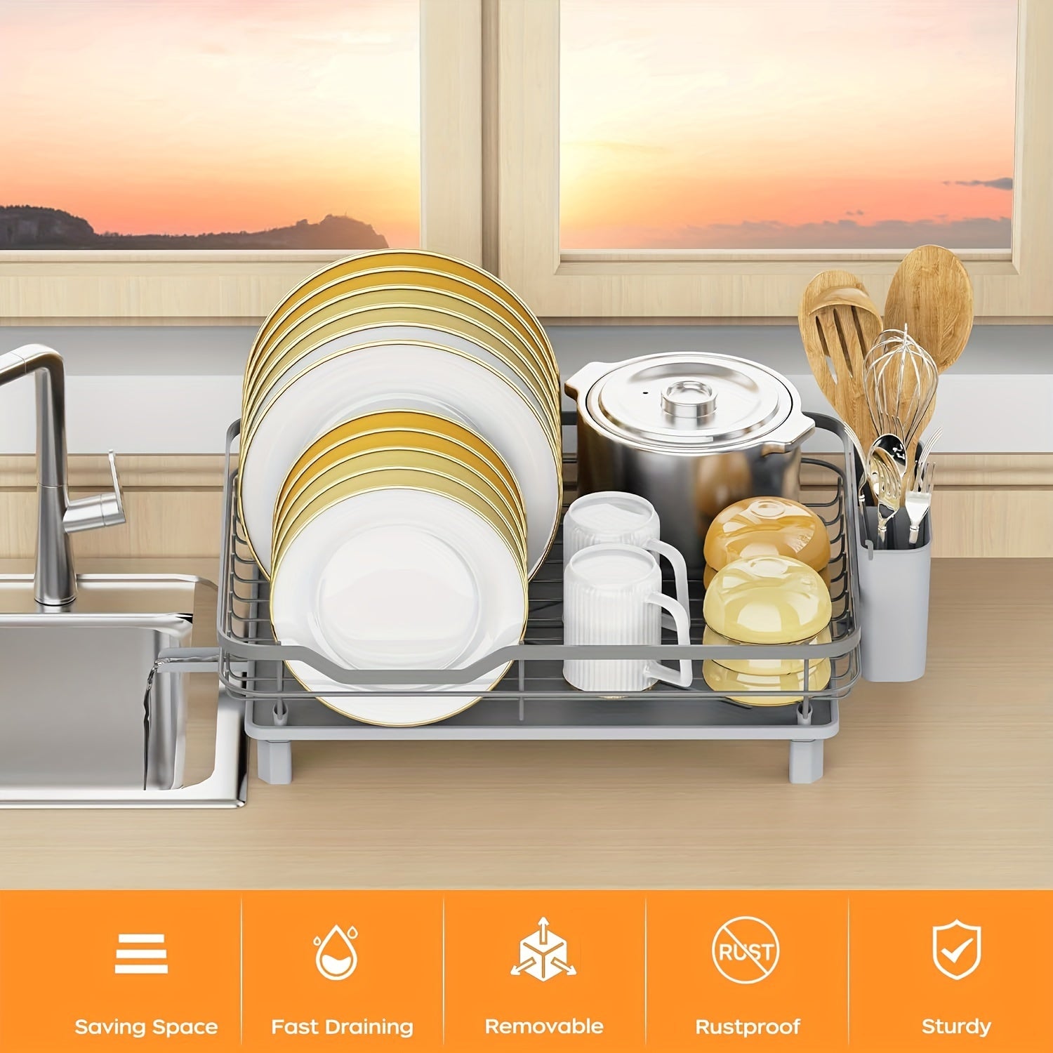 16.2"(L) X 12.6"(W) Stainless Steel Dish Drying Rack, Sturdy Dish Drainer With Drainboard, Utensil Holder, Rustproof Kitchen Counter Dish Rack