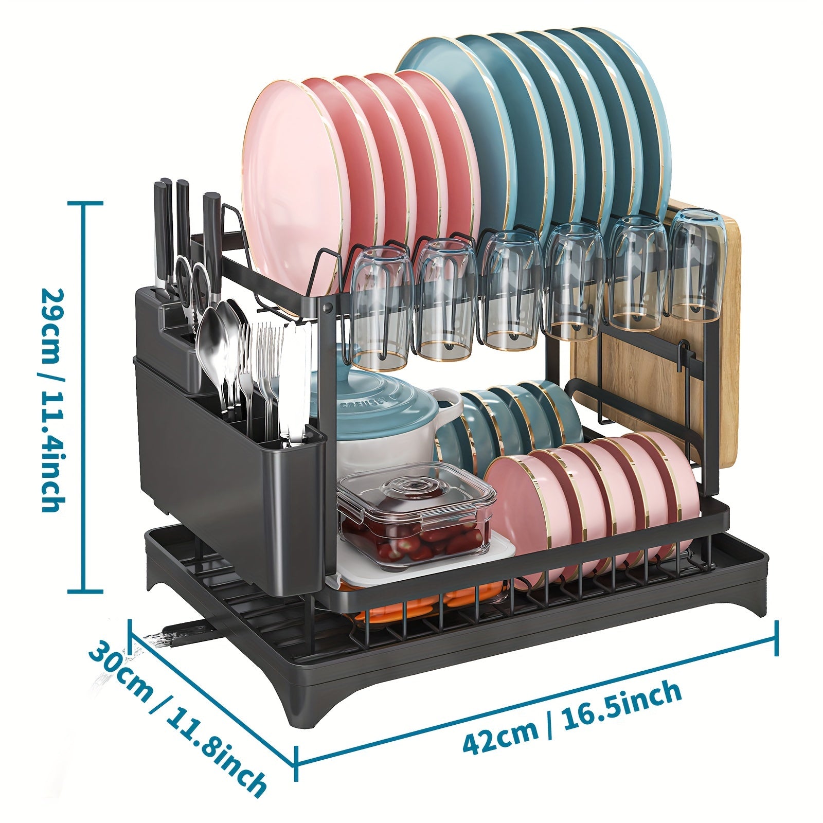 Spacious 2-Tier White Dish Rack with Blue Accents - Multipurpose Kitchen Counter Organizer with Drainboard, Cup Holder & Utensil Slot, Rust-Proof Metal, Space-Saving Design