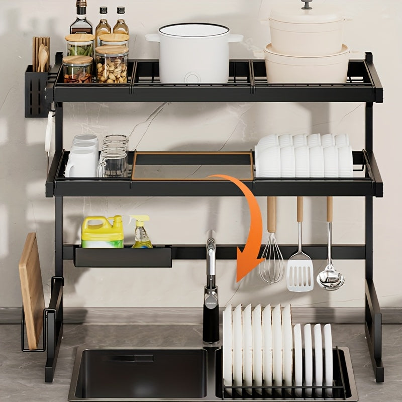 1-Layer/2-Layer Adjustable Countertop Dish Drying Rack - Removable Multi-Functional Kitchen Organizer with Chopstick Holder, Sponge & Cutting Board Storage, Space-Saving Plastic/Metal Design for Sink Area, Dish Drying Rack for Kitchen Counter, Utensil