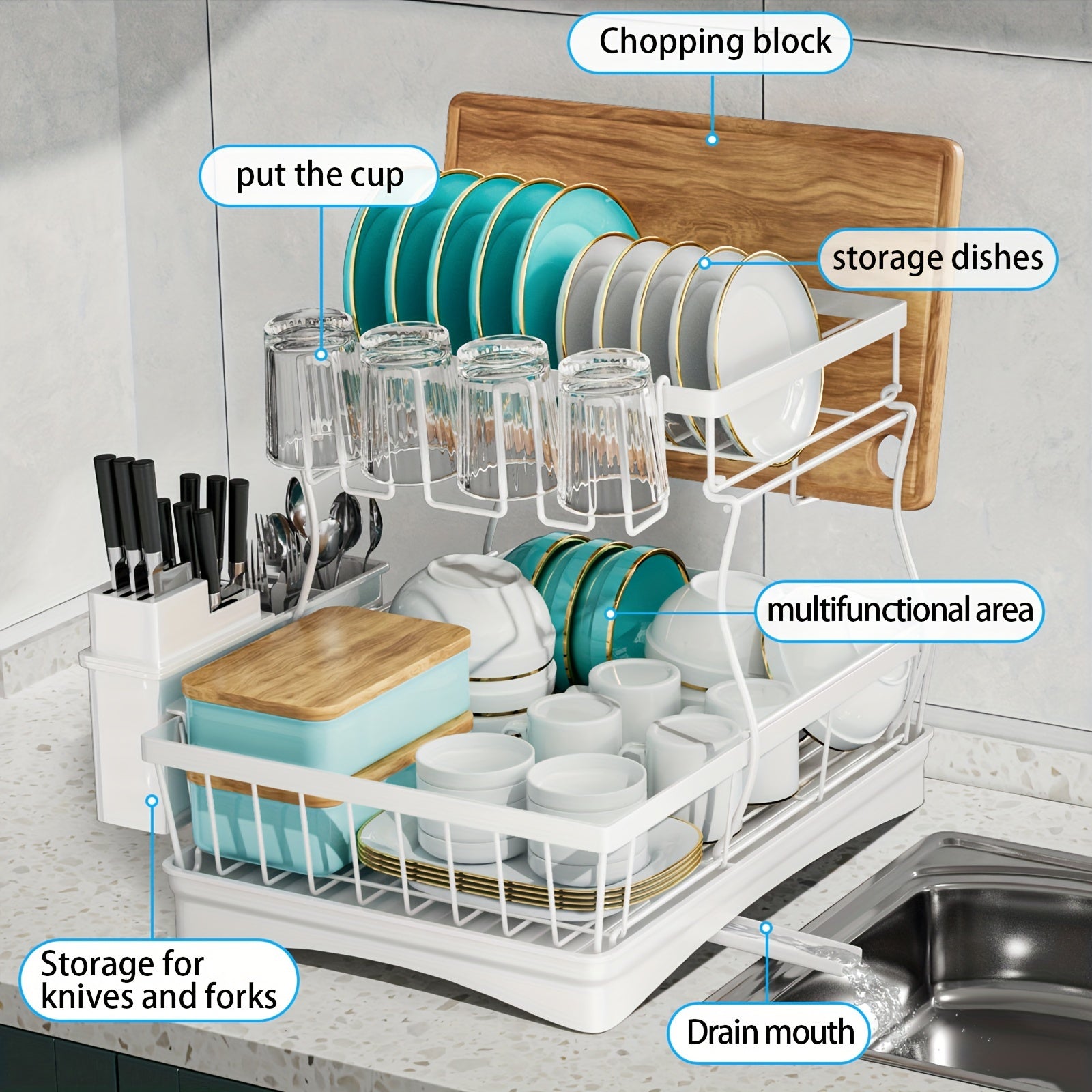 Space saving 2-layer high-capacity sink with bowl and dish holder above, equipped with cutting board, bowl and cup holder, kitchen organizer, durable