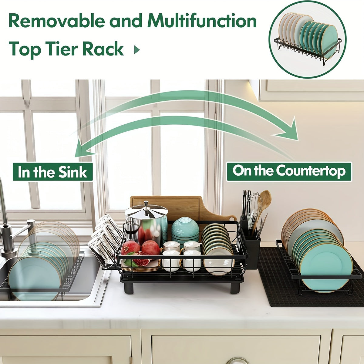 Dish Drying Rack, 2 Tier Dish Racks For Kitchen Counter, Large Dish Drying Rack With Drainboard & Utensil Holders, Rust-Proof Dish Drainers, Kitchen Organization
