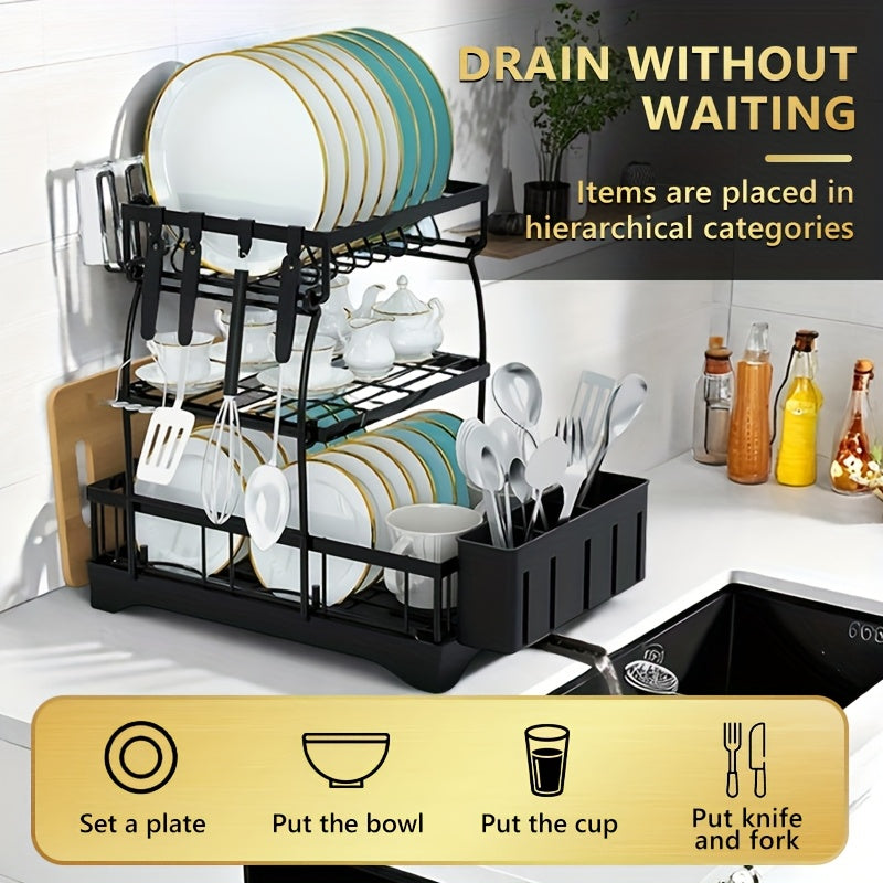 Heavy-Duty Stainless Steel Dish Drying Rack - Space-Saving Two-Tier Countertop Organizer with 360° Drainage System, Plate, Bowl, Cup & Utensil Holders - Compact Sink Rack for Modern Kitchen - Easy to Clean, Dish Drying Rack for Kitchen Counter, Clean Dish