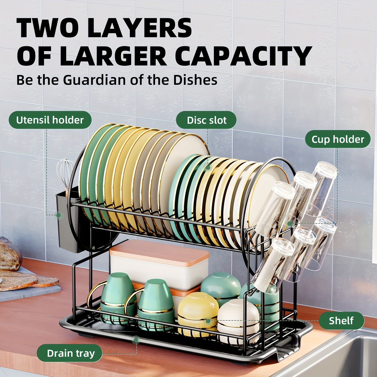 [Innovative, Kitchen Shelf] Innovative, Multifunctional Large-Capacity Shelf for The Kitchen | Two-Layer Drying Storage Rack, Minimalist Decor, Detachable And Easy to Clean, in Black