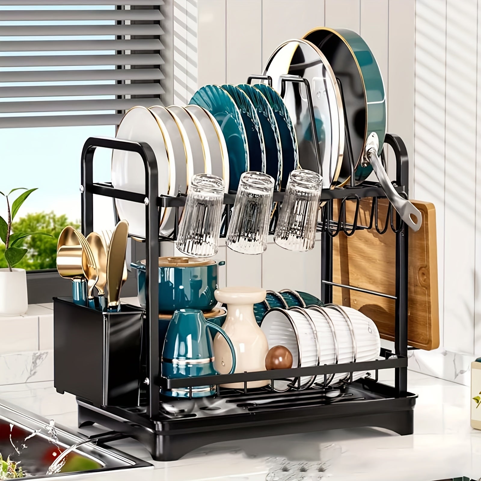 2 Tier Dish Drying Rack with Pot Holders, Dish Racks for Kitchen Counter, Kitchen Utensil Holder Dish Rack with Drainboard, Metal Kitchen Dish Rack, Kitchen Drying Rack Two Tier, Black Dish Racks, Kitchen Organizer, Pantry Organizers And Storage