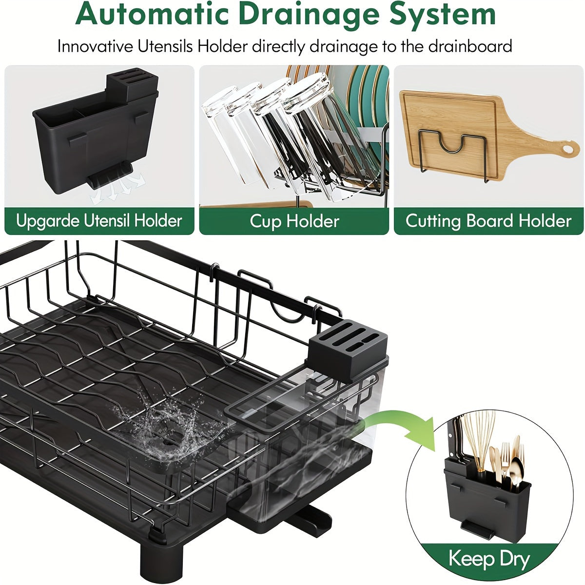 Dish Drying Rack, 2 Tier Dish Racks For Kitchen Counter, Large Dish Drying Rack With Drainboard & Utensil Holders, Rust-Proof Dish Drainers, Kitchen Organization