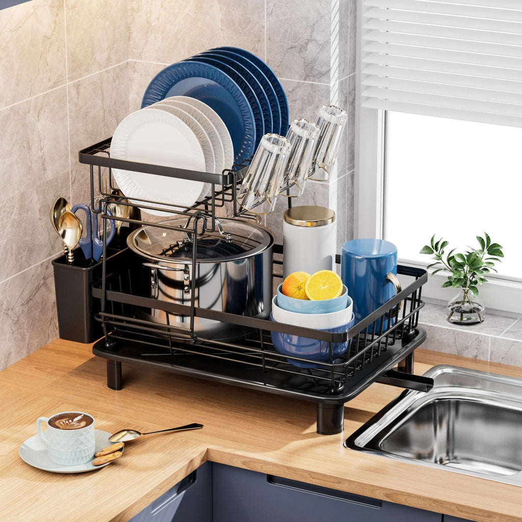 2-Tier Dish Drying Rack with Drainboard - Metal and Plastic Kitchen Dish Drainer with Utensil Holder - Anti-Rust Compact Countertop Dish Rack Organizer - 1pc Dish Racks for Home Kitchen Storage