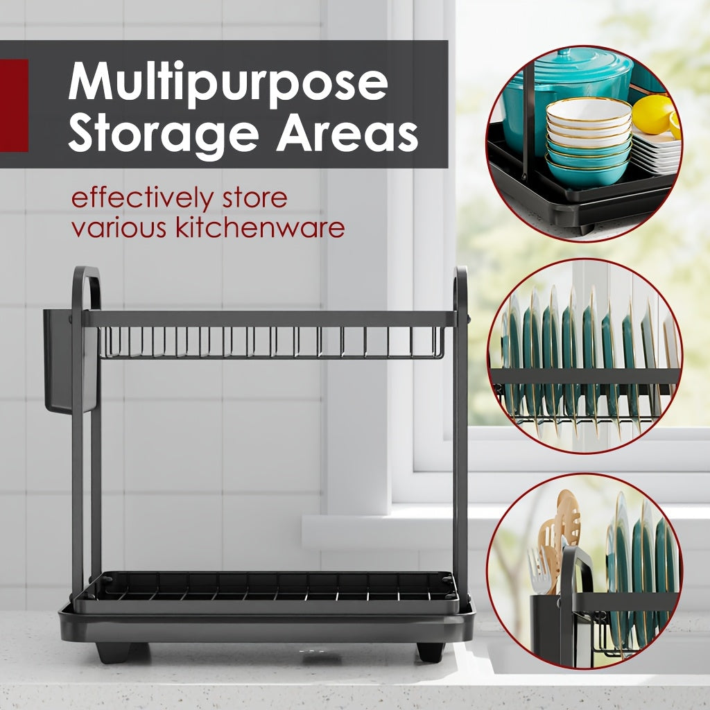 [Space-Saving Dish Drying Rack] Large Capacity 2-Tier Metal Dish Drying Rack with Drainboard | Stainless Steel Kitchen Counter Organizer for Dishes, Bowls & Cookware - Black, Space-Saving Design for 3-4 Person Households, Utensil Holders & Knife Slots