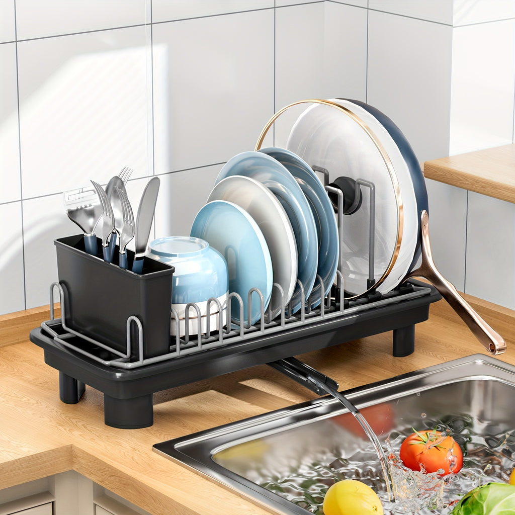 [SANDREAM Dish Drainer] 1pc SANDREAM Dish Drainer with Drain Tray & Drip Line - Durable Plastic & Metal Construction - Under Sink Organizer for Kitchen Utensils, Pots, Pans, Cutting Boards, Cups - Space-Saving Countertop Storage Rack, Dish Drying Rack,