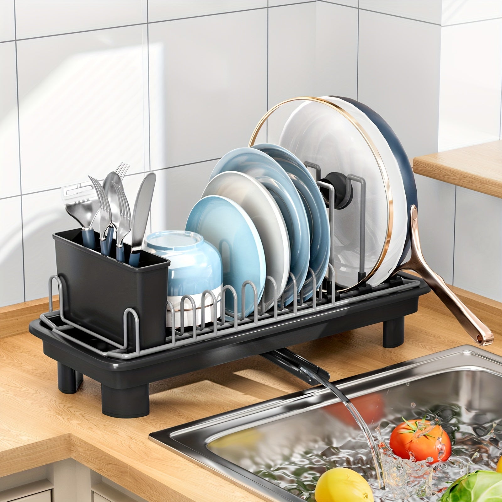 [SANDREAM Dish Drainer] 1pc SANDREAM Dish Drainer with Drain Tray & Drip Line - Durable Plastic & Metal Construction - Under Sink Organizer for Kitchen Utensils, Pots, Pans, Cutting Boards, Cups - Space-Saving Countertop Storage Rack, Dish Drying Rack,