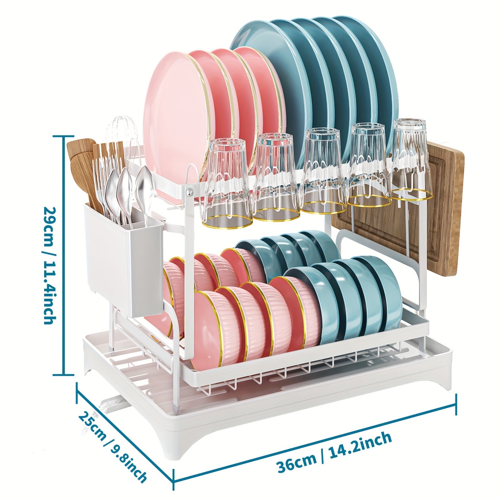 Spacious 2-Tier White Dish Rack with Blue Accents - Multipurpose Kitchen Counter Organizer with Drainboard, Cup Holder & Utensil Slot, Rust-Proof Metal, Space-Saving Design