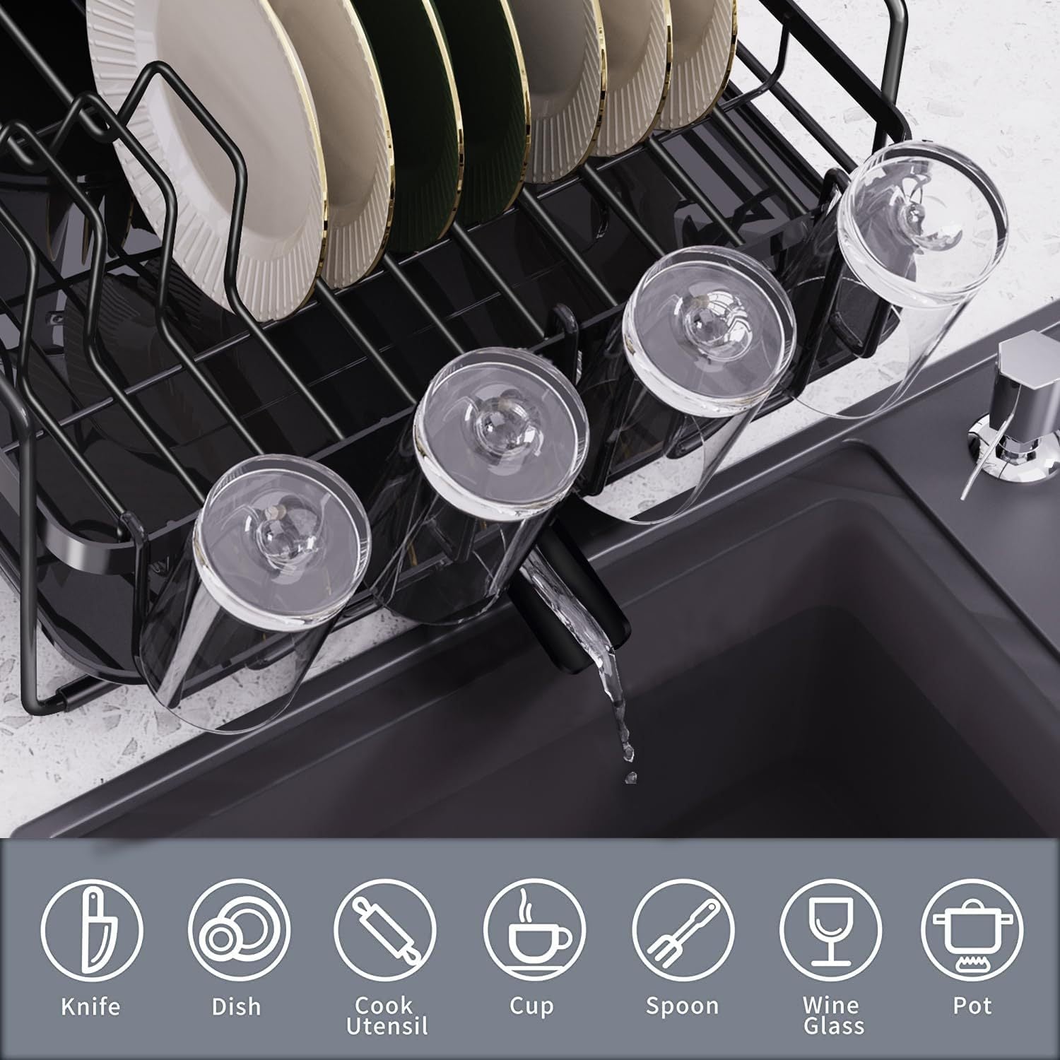 Large Dish Drying Rack With Drainboard Set, Dish Rack Extendable Dish Rack, Utensil Holder, Cup Holder, Expandable Dish Drainer For Kitchen Counter