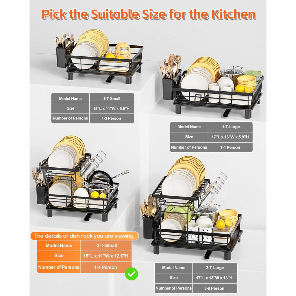 [Steel Dish Rack] Stainless Steel 1/2 Tier Dish Drying Rack | Multifunctional Dish Rack Kitchen Counter, Dish Drainer With Drainboard, Utensil Holder, Cup Holder Dishes, Knives, Spoons, Forks, Black