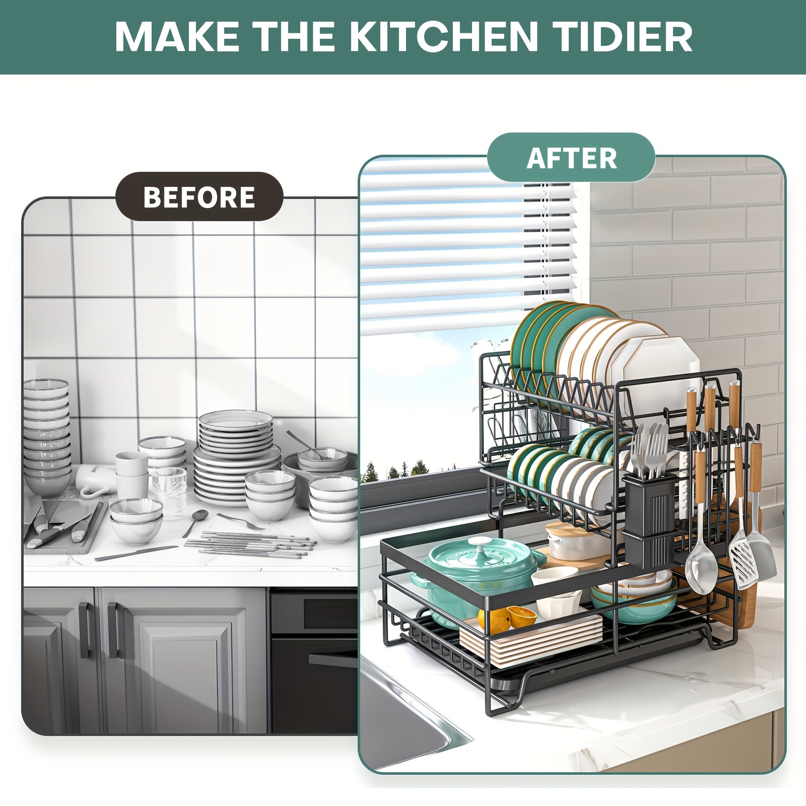 3-Tier Stainless Steel Dish Drying Rack with Removable Utensil Holder, Adjustable Plate Storage & Automatic Drainboard – Space-Saving Kitchen Counter Organizer for Dishes, Bowls, Mugs & More, Dish Drying Rack for Kitchen Counter